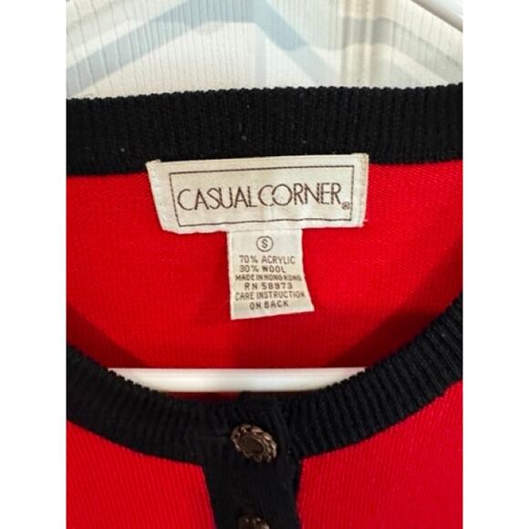 Vintage 90s Casual Corner Red Cardigan Sweater Black Trim Button Front Classic - Picture 4 of 6